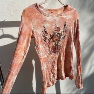 Y2K Bejeweled by Susan Fixel Studded Rebel Graphic Orange Tie Dye Shirt Size XS